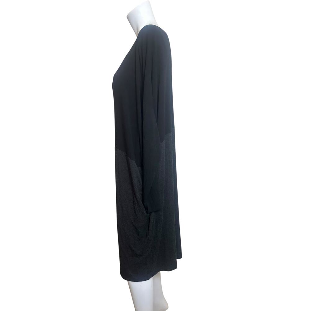 Eileen Fisher Black Charcoal Colorblock Cocoon Jersey Dress Pockets Midi XL - Picture 4 of 11
